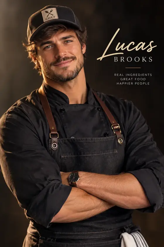 Lucas Brooks in a black chef jacket, apron and chef cap