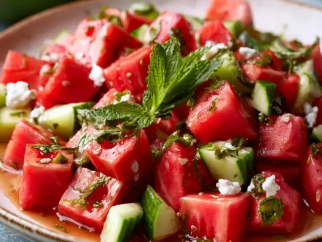 Watermelon Cucumber Salad with Feta and Mint